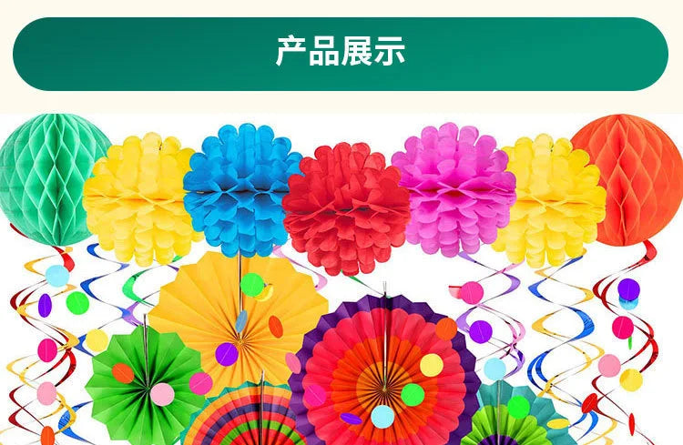 28Pcs Birthday Decorations,Hanging Paper Fans,Hanging Swirl,Polka Dot String,Pom Poms Flowers,Happy Birthday Banner Decor Party