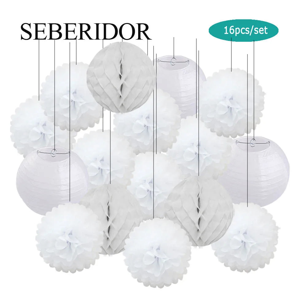 Papier Laternen Set 16-teilig – Runde Laternen, Waben & Pompons | Geburtstag, Hochzeit & Party | 35 Farben