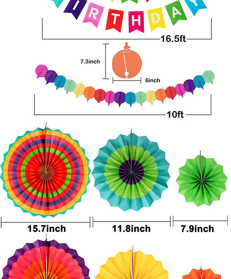 28Pcs Birthday Decorations,Hanging Paper Fans,Hanging Swirl,Polka Dot String,Pom Poms Flowers,Happy Birthday Banner Decor Party