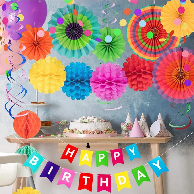 28Pcs Birthday Decorations,Hanging Paper Fans,Hanging Swirl,Polka Dot String,Pom Poms Flowers,Happy Birthday Banner Decor Party