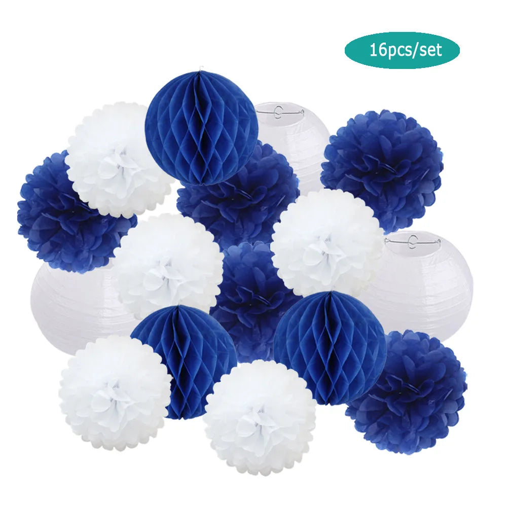 Papier Laternen Set 16-teilig – Runde Laternen, Waben & Pompons | Geburtstag, Hochzeit & Party | 35 Farben