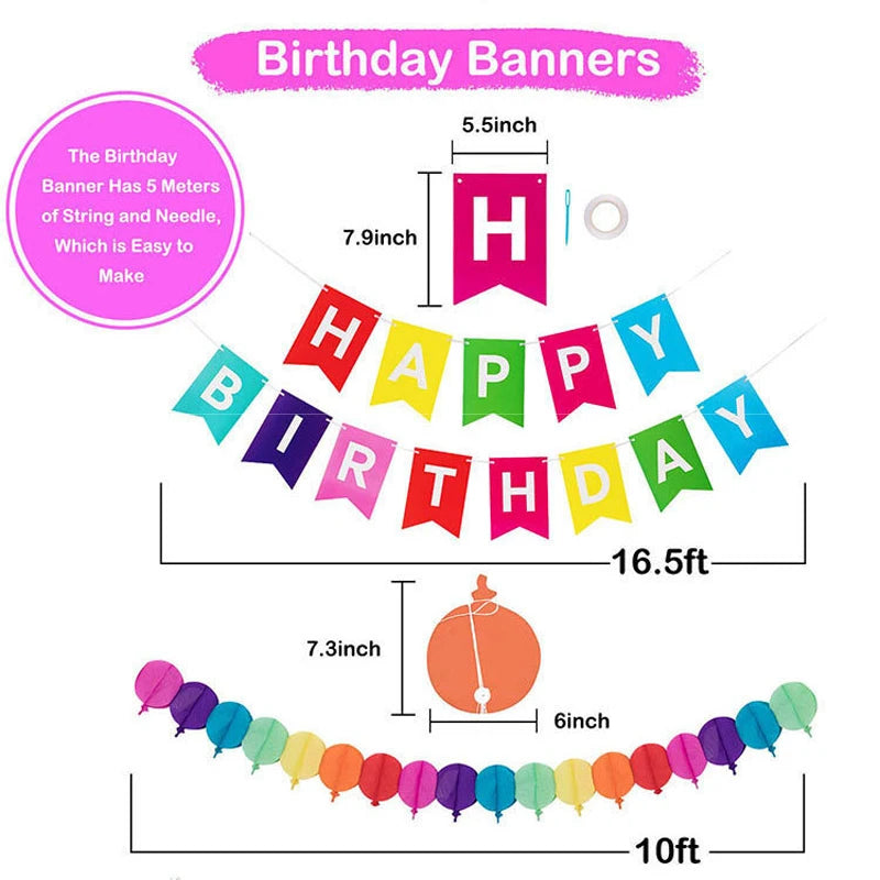 28Pcs Birthday Decorations,Hanging Paper Fans,Hanging Swirl,Polka Dot String,Pom Poms Flowers,Happy Birthday Banner Decor Party
