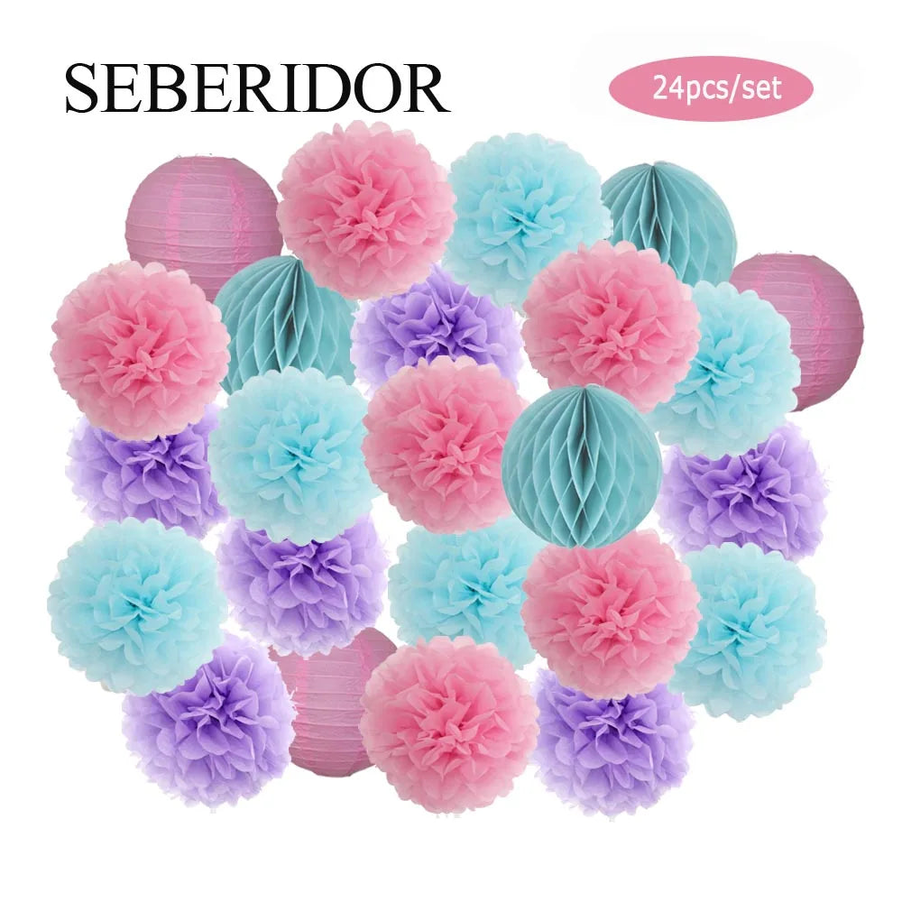 Baby Boy Girl 1st Birthday Party Favor Pink White Set Round Paper Ball Lantern Folding Baptism Wedding Decor Honeycomb Pompom