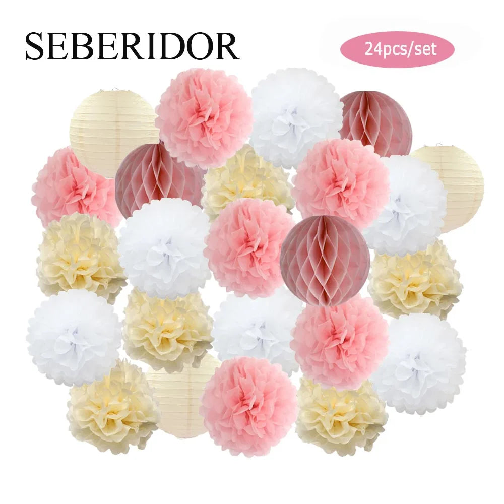 Baby Boy Girl 1st Birthday Party Favor Pink White Set Round Paper Ball Lantern Folding Baptism Wedding Decor Honeycomb Pompom