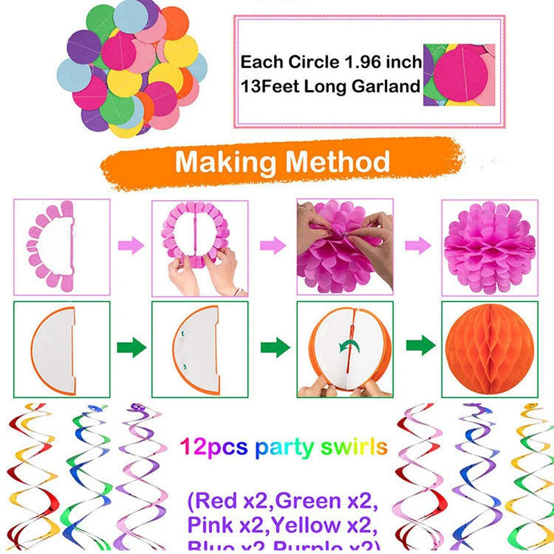28Pcs Birthday Decorations,Hanging Paper Fans,Hanging Swirl,Polka Dot String,Pom Poms Flowers,Happy Birthday Banner Decor Party