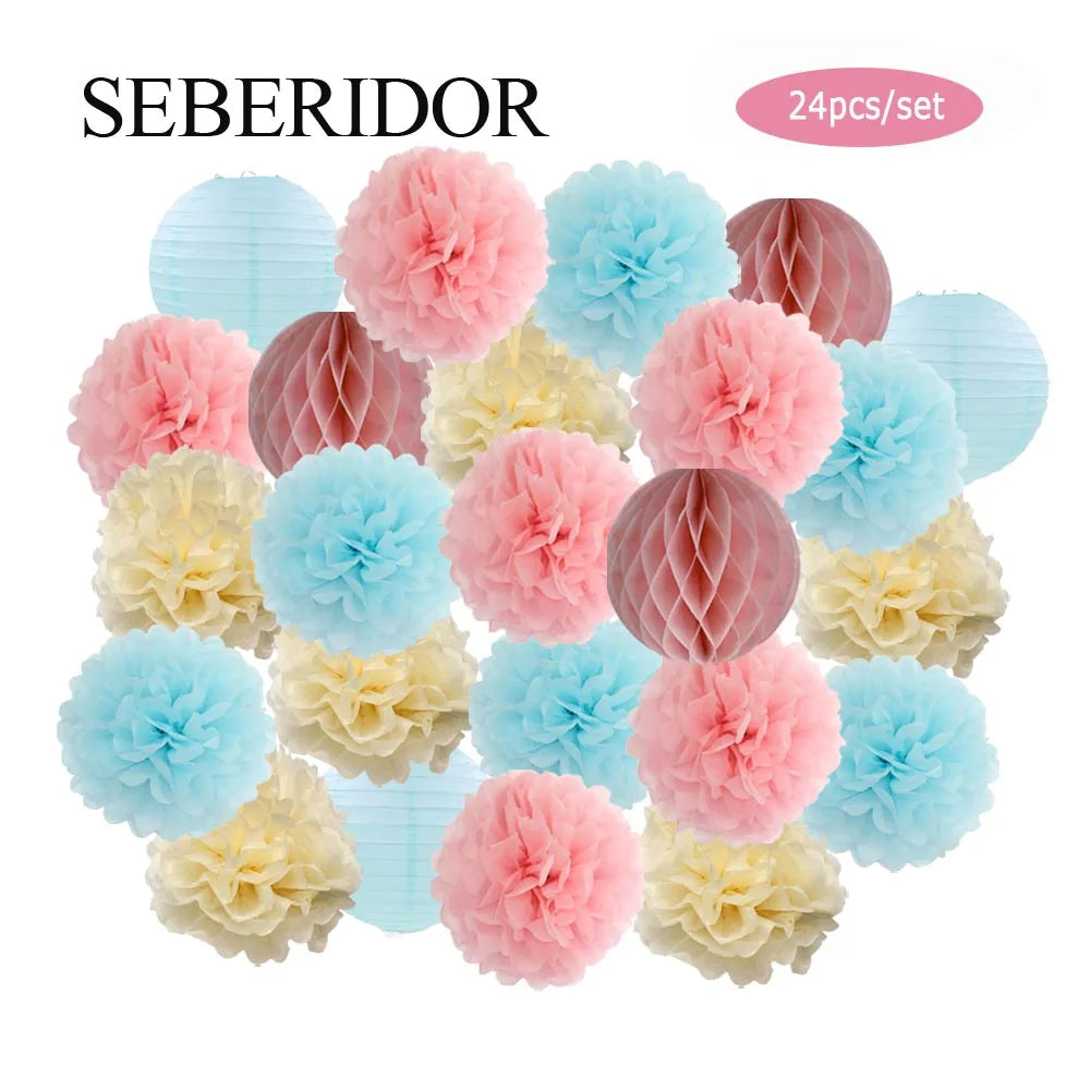 Baby Boy Girl 1st Birthday Party Favor Pink White Set Round Paper Ball Lantern Folding Baptism Wedding Decor Honeycomb Pompom
