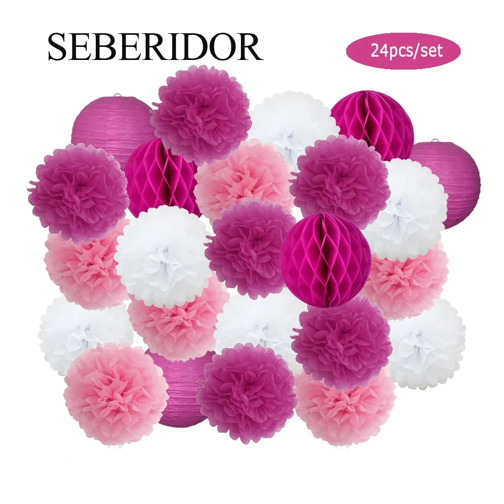 Baby Boy Girl 1st Birthday Party Favor Pink White Set Round Paper Ball Lantern Folding Baptism Wedding Decor Honeycomb Pompom
