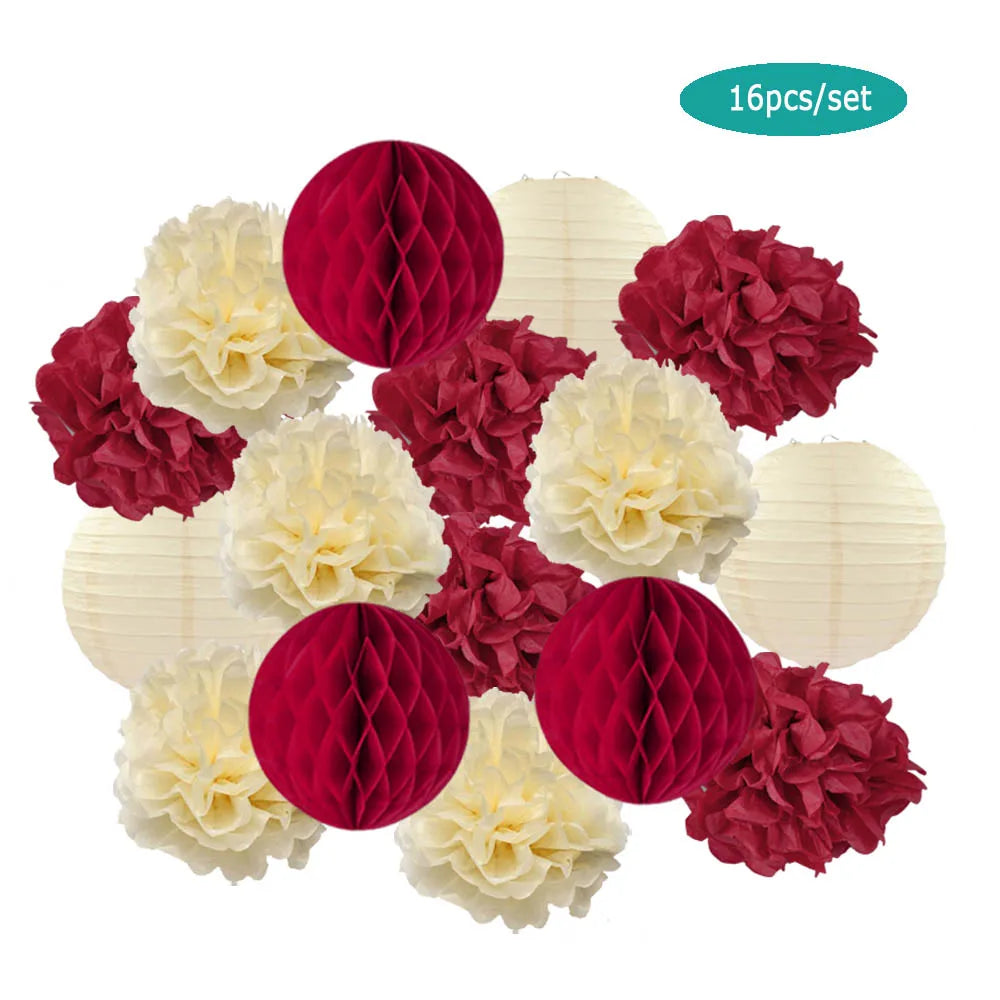 Papier Laternen Set 16-teilig – Runde Laternen, Waben & Pompons | Geburtstag, Hochzeit & Party | 35 Farben
