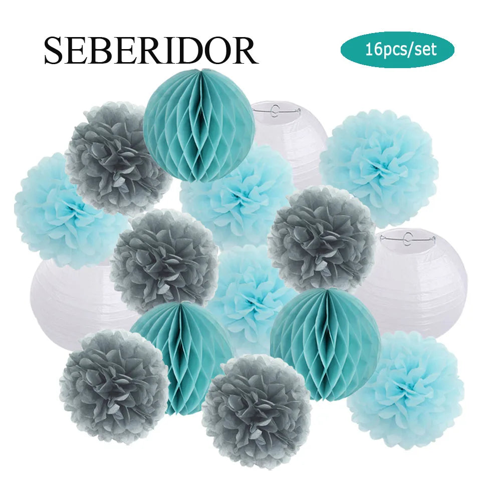 Papier Laternen Set 16-teilig – Runde Laternen, Waben & Pompons | Geburtstag, Hochzeit & Party | 35 Farben