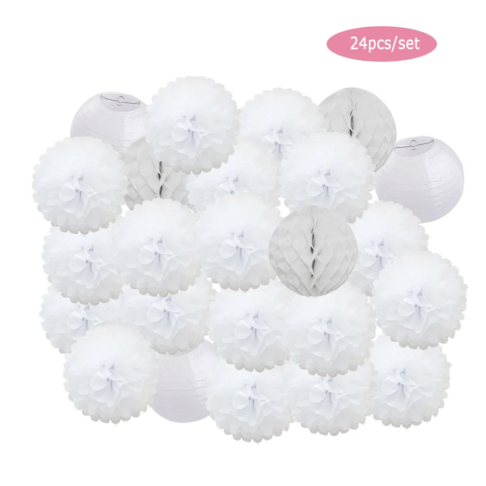 Baby Boy Girl 1st Birthday Party Favor Pink White Set Round Paper Ball Lantern Folding Baptism Wedding Decor Honeycomb Pompom
