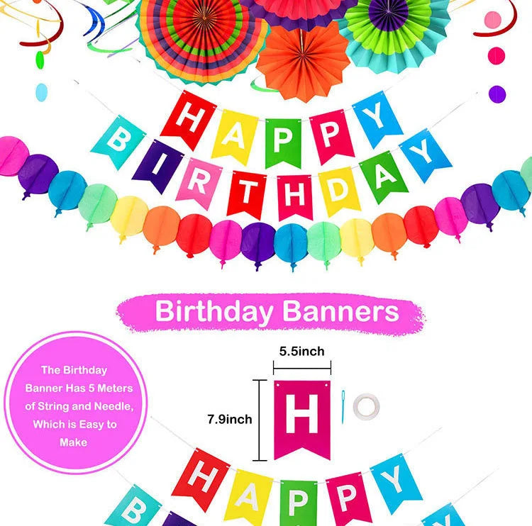 28Pcs Birthday Decorations,Hanging Paper Fans,Hanging Swirl,Polka Dot String,Pom Poms Flowers,Happy Birthday Banner Decor Party