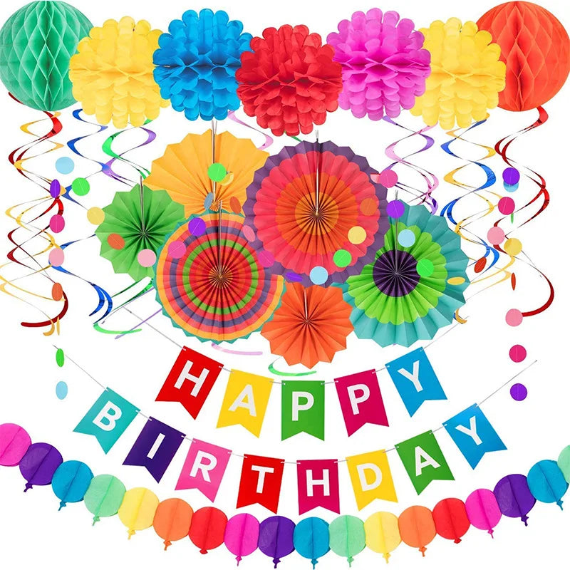 28Pcs Birthday Decorations,Hanging Paper Fans,Hanging Swirl,Polka Dot String,Pom Poms Flowers,Happy Birthday Banner Decor Party