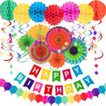 28Pcs Birthday Decorations,Hanging Paper Fans,Hanging Swirl,Polka Dot String,Pom Poms Flowers,Happy Birthday Banner Decor Party
