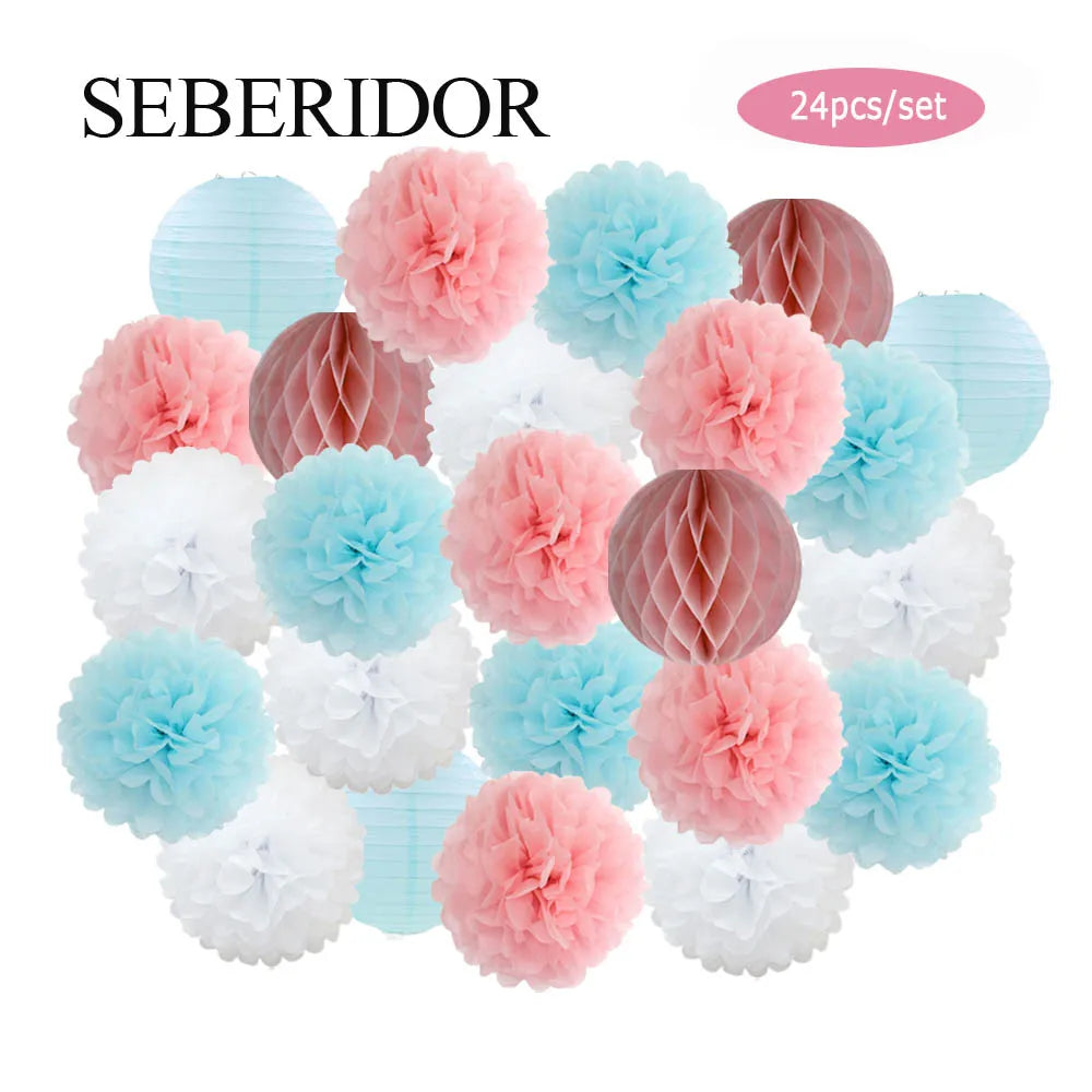 Baby Boy Girl 1st Birthday Party Favor Pink White Set Round Paper Ball Lantern Folding Baptism Wedding Decor Honeycomb Pompom