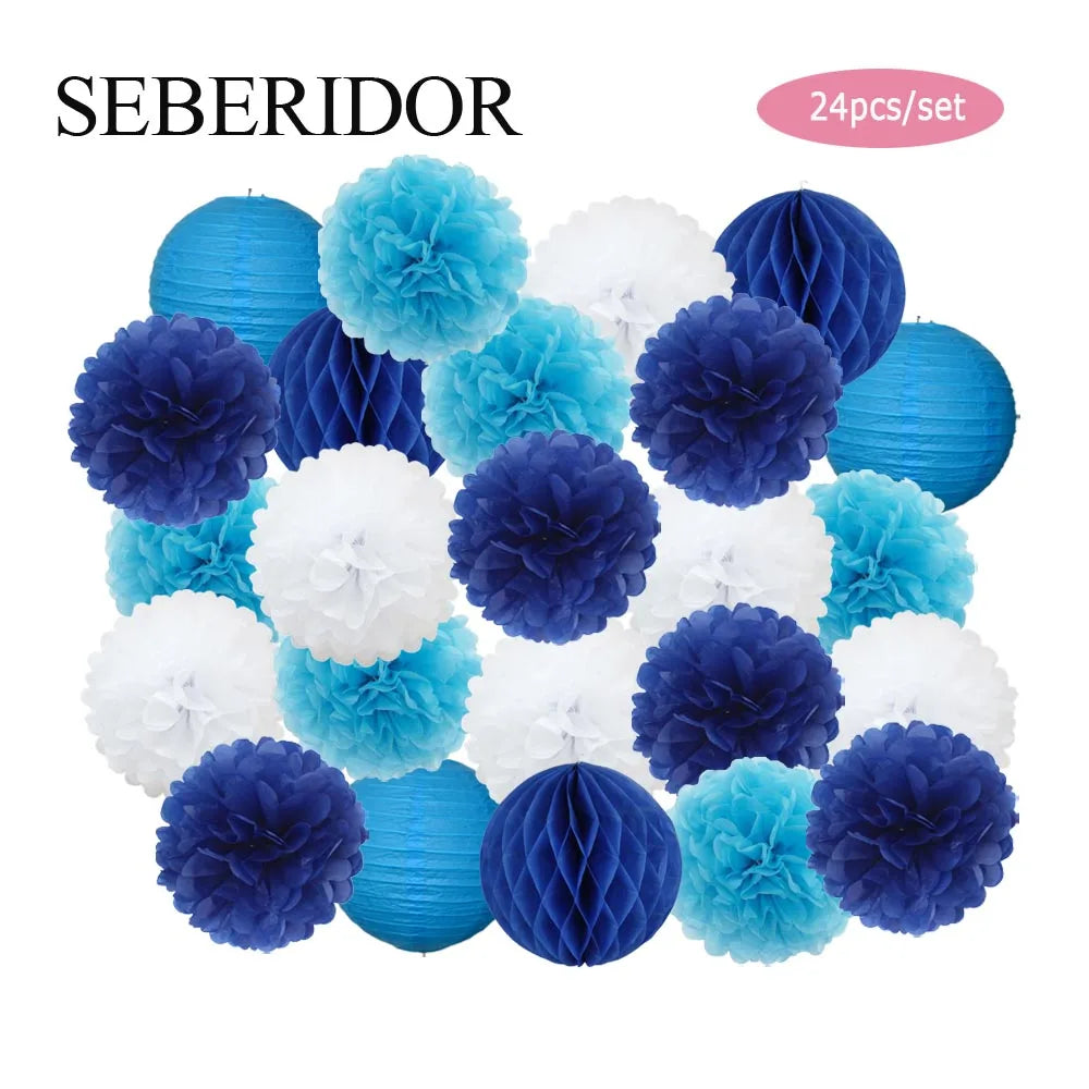 Baby Boy Girl 1st Birthday Party Favor Pink White Set Round Paper Ball Lantern Folding Baptism Wedding Decor Honeycomb Pompom