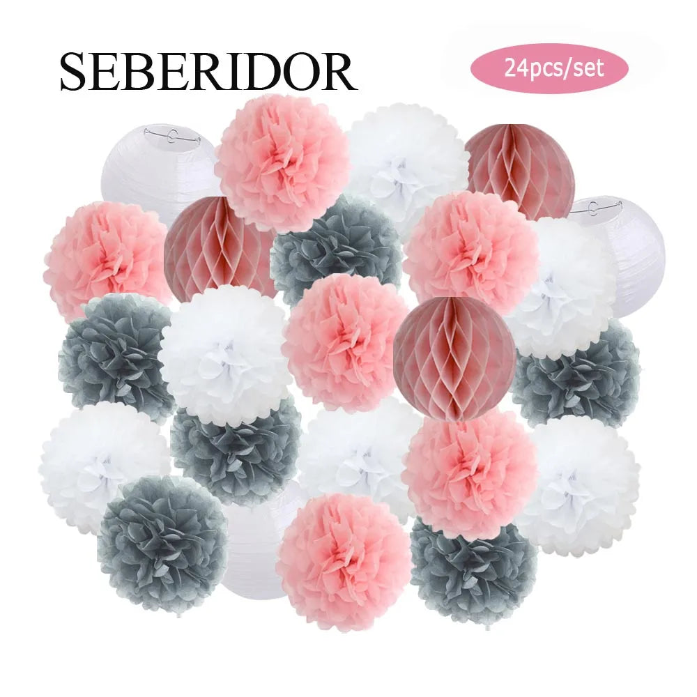 Baby Boy Girl 1st Birthday Party Favor Pink White Set Round Paper Ball Lantern Folding Baptism Wedding Decor Honeycomb Pompom