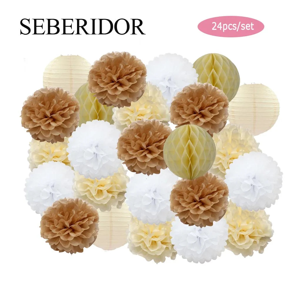 Baby Boy Girl 1st Birthday Party Favor Pink White Set Round Paper Ball Lantern Folding Baptism Wedding Decor Honeycomb Pompom