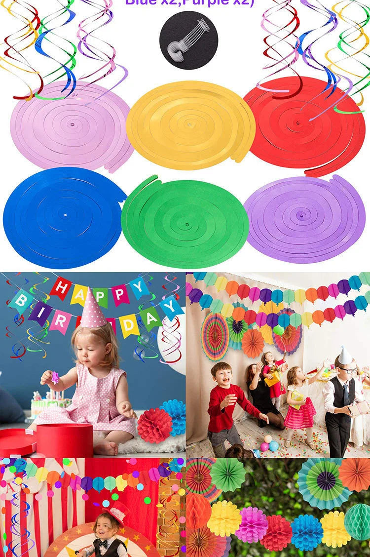 28Pcs Birthday Decorations,Hanging Paper Fans,Hanging Swirl,Polka Dot String,Pom Poms Flowers,Happy Birthday Banner Decor Party