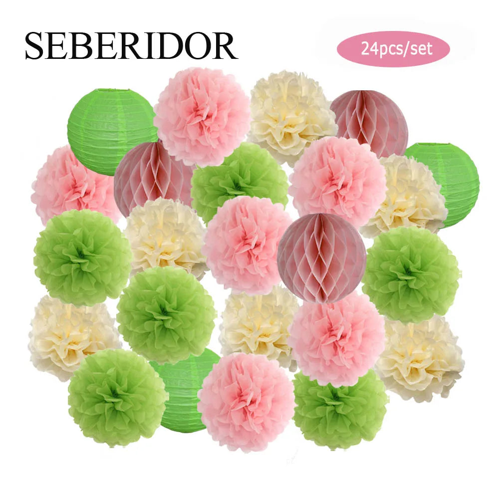Baby Boy Girl 1st Birthday Party Favor Pink White Set Round Paper Ball Lantern Folding Baptism Wedding Decor Honeycomb Pompom