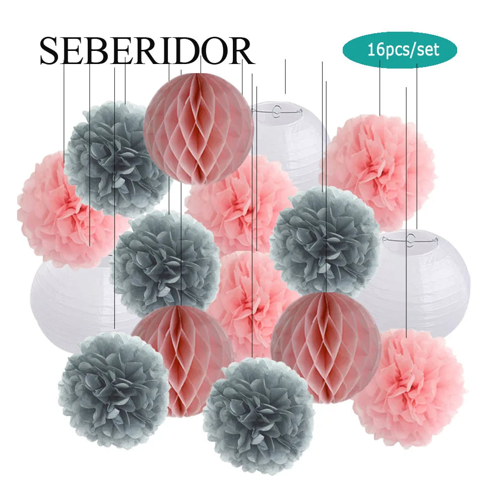 Papier Laternen Set 16-teilig – Runde Laternen, Waben & Pompons | Geburtstag, Hochzeit & Party | 35 Farben