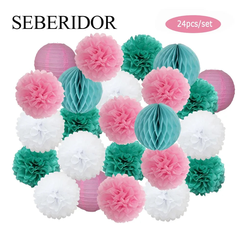 Baby Boy Girl 1st Birthday Party Favor Pink White Set Round Paper Ball Lantern Folding Baptism Wedding Decor Honeycomb Pompom