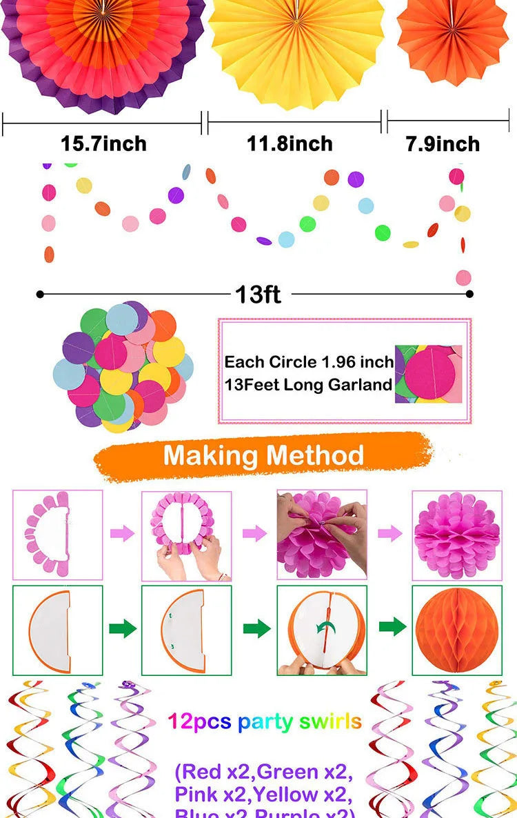 28Pcs Birthday Decorations,Hanging Paper Fans,Hanging Swirl,Polka Dot String,Pom Poms Flowers,Happy Birthday Banner Decor Party