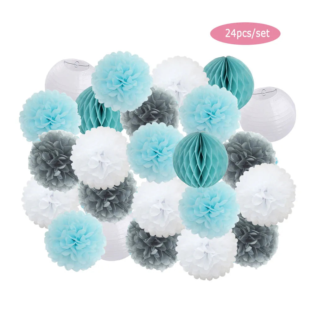 Baby Boy Girl 1st Birthday Party Favor Pink White Set Round Paper Ball Lantern Folding Baptism Wedding Decor Honeycomb Pompom