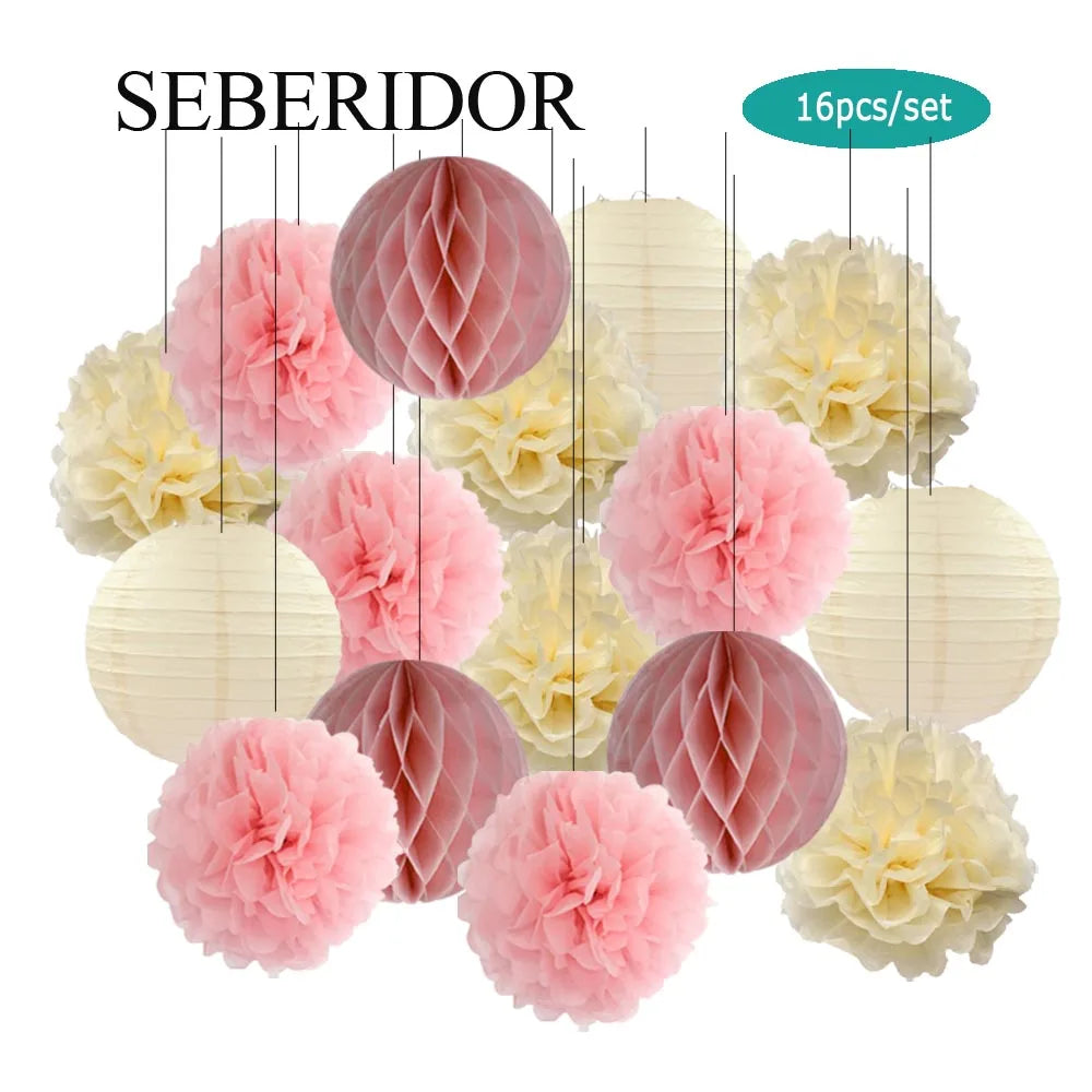 Papier Laternen Set 16-teilig – Runde Laternen, Waben & Pompons | Geburtstag, Hochzeit & Party | 35 Farben
