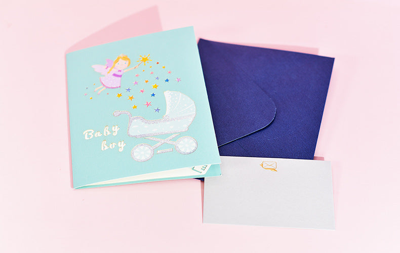 1st First Birthday Gift Card for Newborn 3D Baby Carriage  Little Fairy Greeting Cards for Baby Shower Invitation Pink Blue