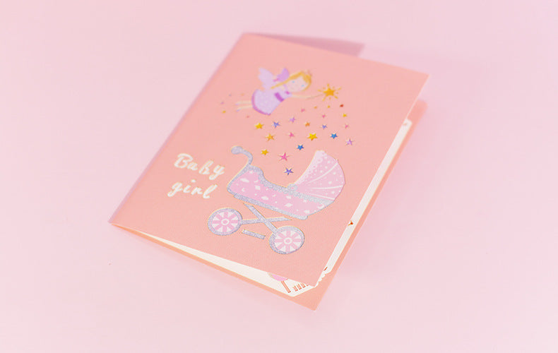 1st First Birthday Gift Card for Newborn 3D Baby Carriage  Little Fairy Greeting Cards for Baby Shower Invitation Pink Blue