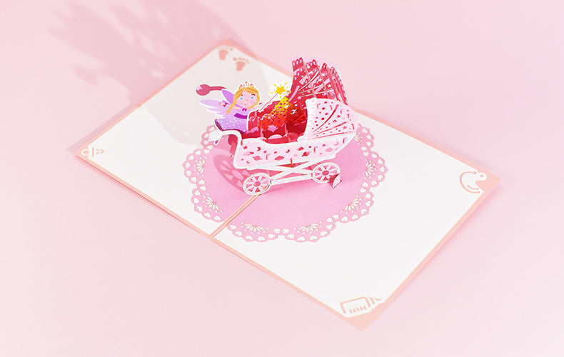 1st First Birthday Gift Card for Newborn 3D Baby Carriage  Little Fairy Greeting Cards for Baby Shower Invitation Pink Blue