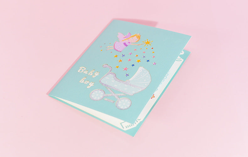 1st First Birthday Gift Card for Newborn 3D Baby Carriage  Little Fairy Greeting Cards for Baby Shower Invitation Pink Blue