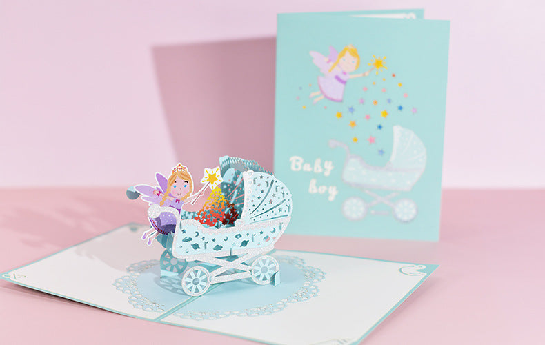 1st First Birthday Gift Card for Newborn 3D Baby Carriage  Little Fairy Greeting Cards for Baby Shower Invitation Pink Blue