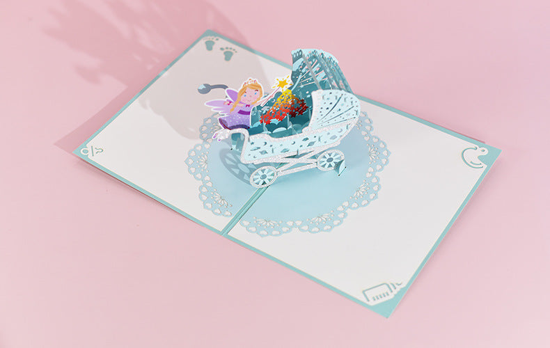 1st First Birthday Gift Card for Newborn 3D Baby Carriage  Little Fairy Greeting Cards for Baby Shower Invitation Pink Blue