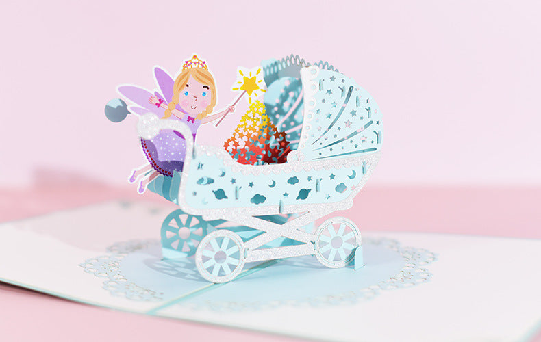 1st First Birthday Gift Card for Newborn 3D Baby Carriage  Little Fairy Greeting Cards for Baby Shower Invitation Pink Blue