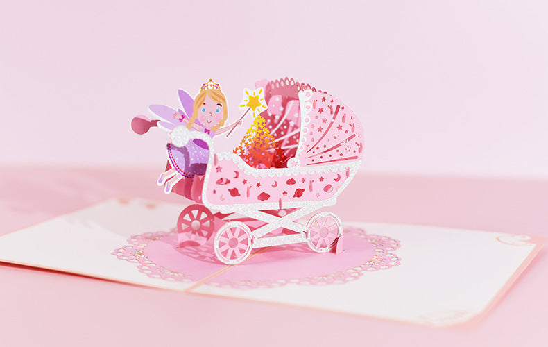 1st First Birthday Gift Card for Newborn 3D Baby Carriage  Little Fairy Greeting Cards for Baby Shower Invitation Pink Blue