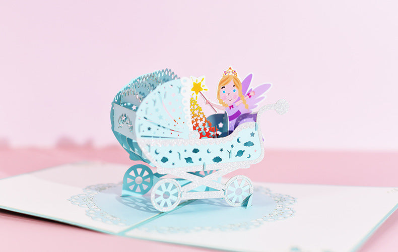 1st First Birthday Gift Card for Newborn 3D Baby Carriage  Little Fairy Greeting Cards for Baby Shower Invitation Pink Blue