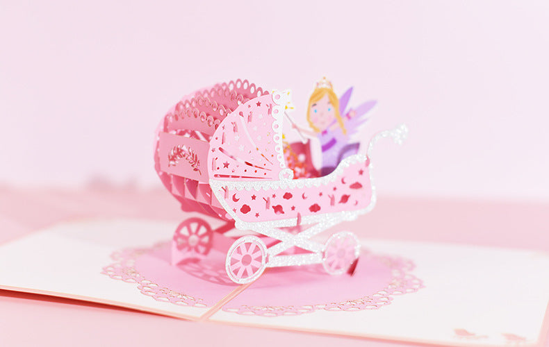 1st First Birthday Gift Card for Newborn 3D Baby Carriage  Little Fairy Greeting Cards for Baby Shower Invitation Pink Blue