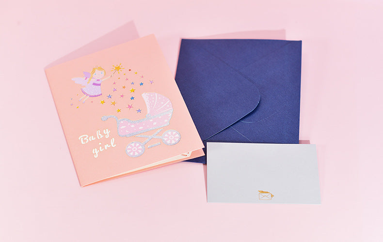 1st First Birthday Gift Card for Newborn 3D Baby Carriage  Little Fairy Greeting Cards for Baby Shower Invitation Pink Blue
