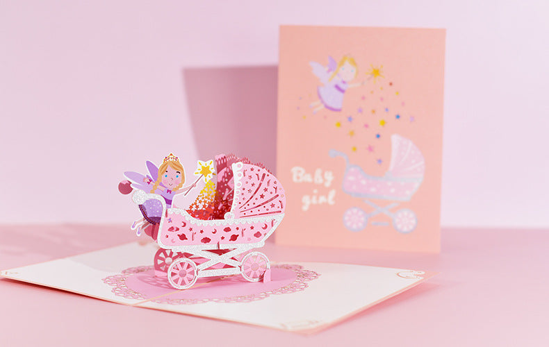 1st First Birthday Gift Card for Newborn 3D Baby Carriage  Little Fairy Greeting Cards for Baby Shower Invitation Pink Blue