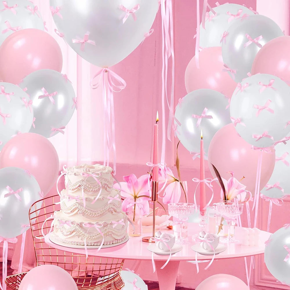 Bow Balloons Set White Balloon Mini Pink Ribbon Bows Girls Birthday Party Decorations Globos Baby Shower Wedding Bridal Shower