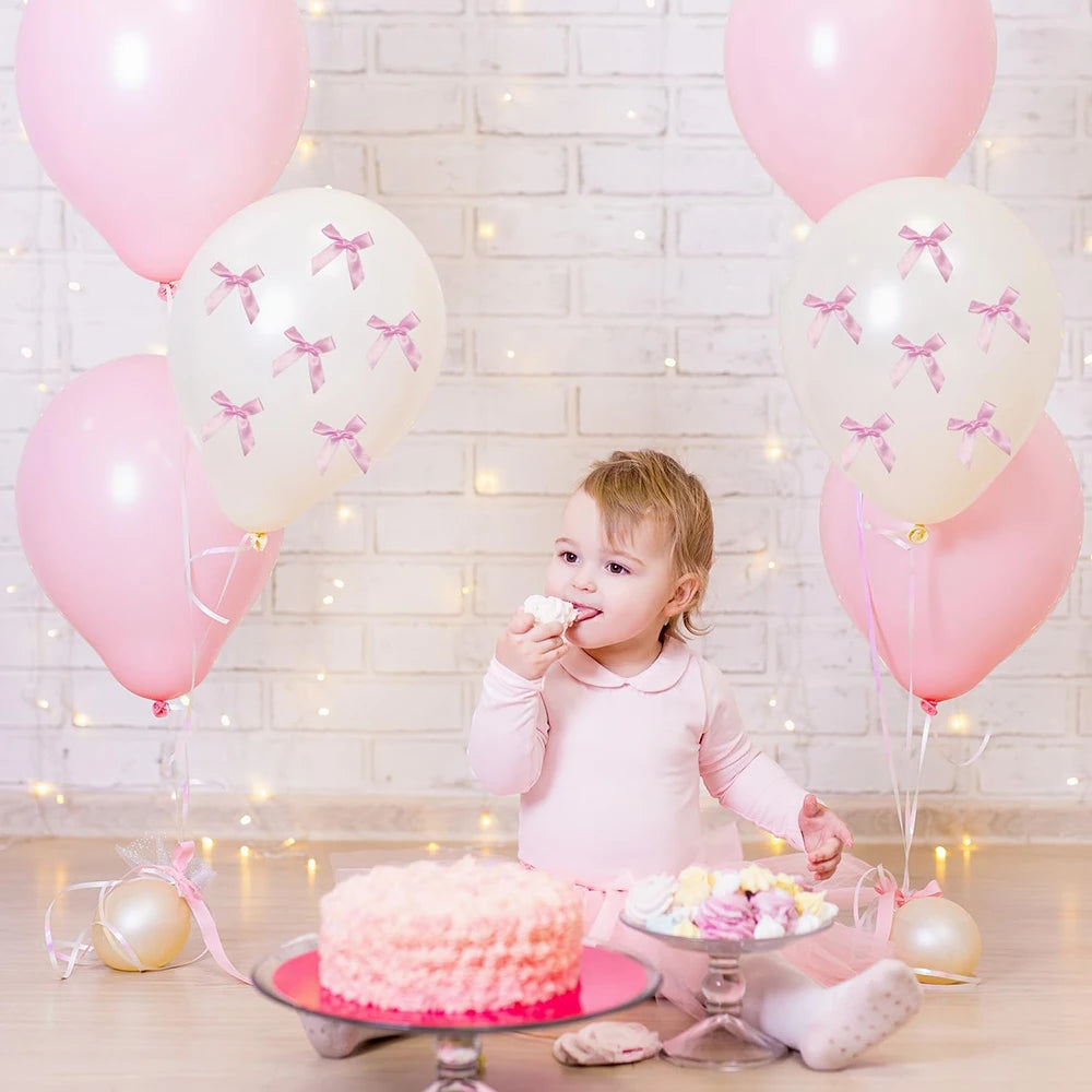 Bow Balloons Set White Balloon Mini Pink Ribbon Bows Girls Birthday Party Decorations Globos Baby Shower Wedding Bridal Shower