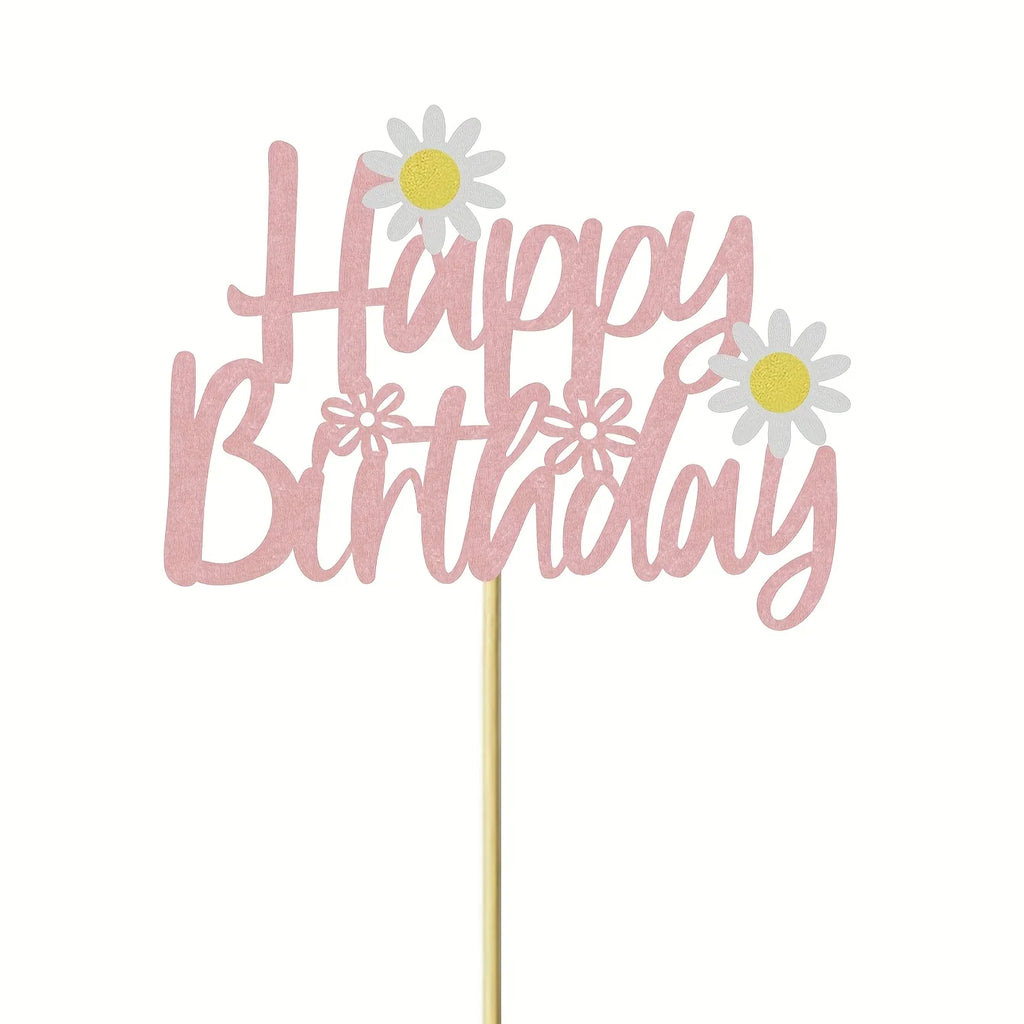 Happy Birthday" Daisy Cake Topper - Pink Cursive Design with White Daisies, Bamboo Stand for Festive Cake Decorations