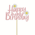 Happy Birthday" Daisy Cake Topper - Pink Cursive Design with White Daisies, Bamboo Stand for Festive Cake Decorations