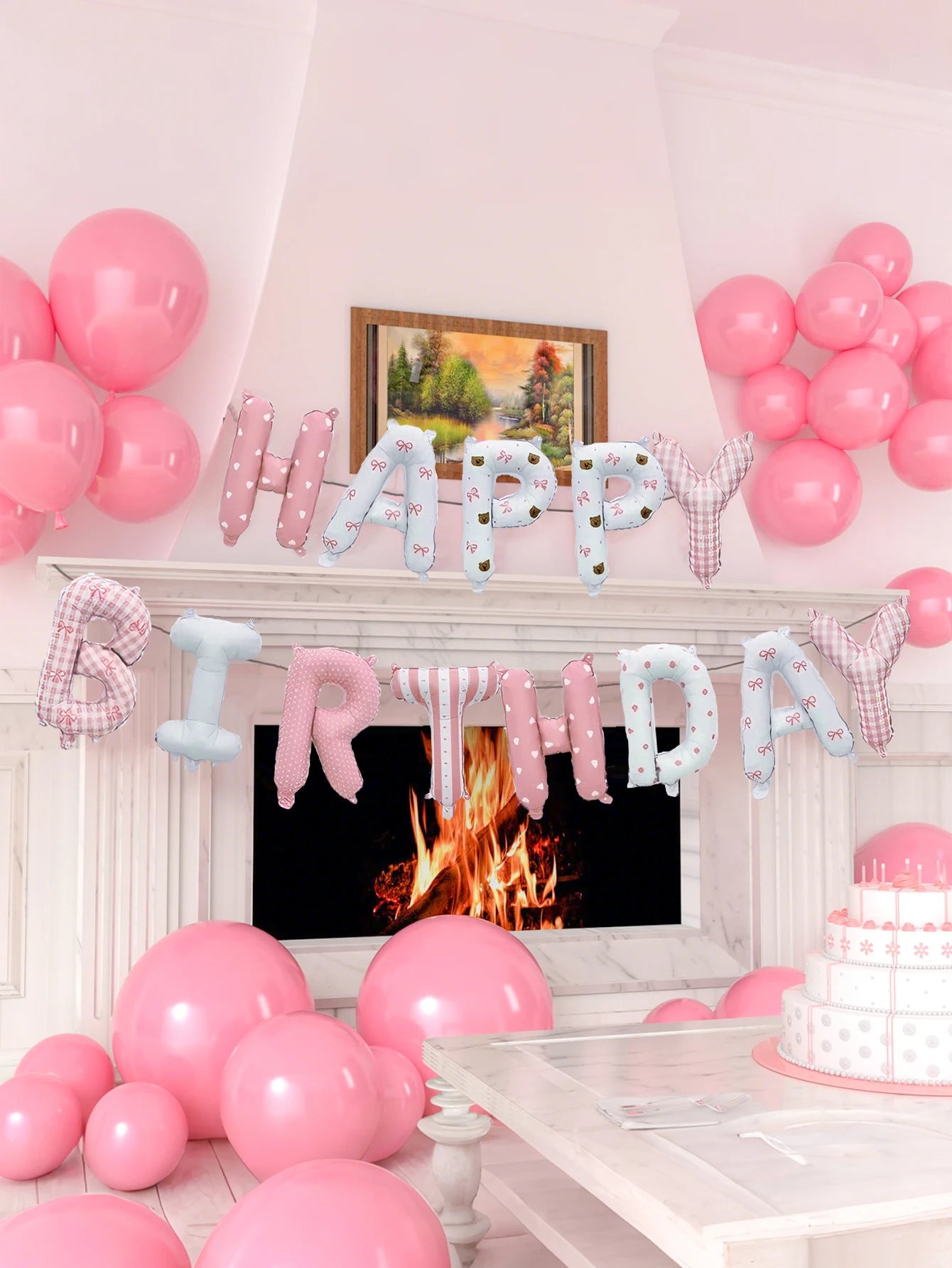 28-piece pink floral birthday set includes a floral "Happy Birthday" banner, pink latex balloons, and is suitable for birthday
