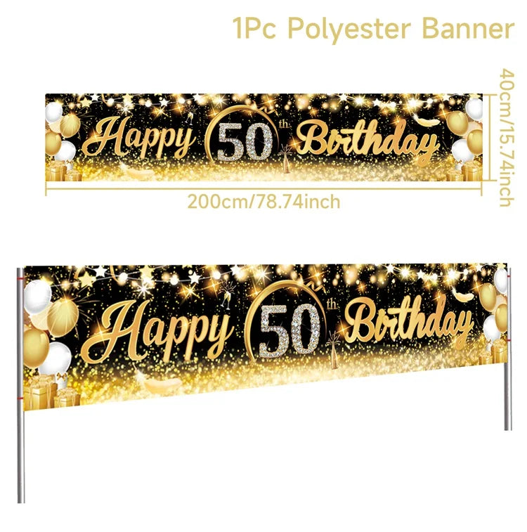 Black Gold Happy Birthday Banner Balloon Flag Adult 30th 40th 50th 60th Birthday Party Decoration Supplies Bunting Anniversary