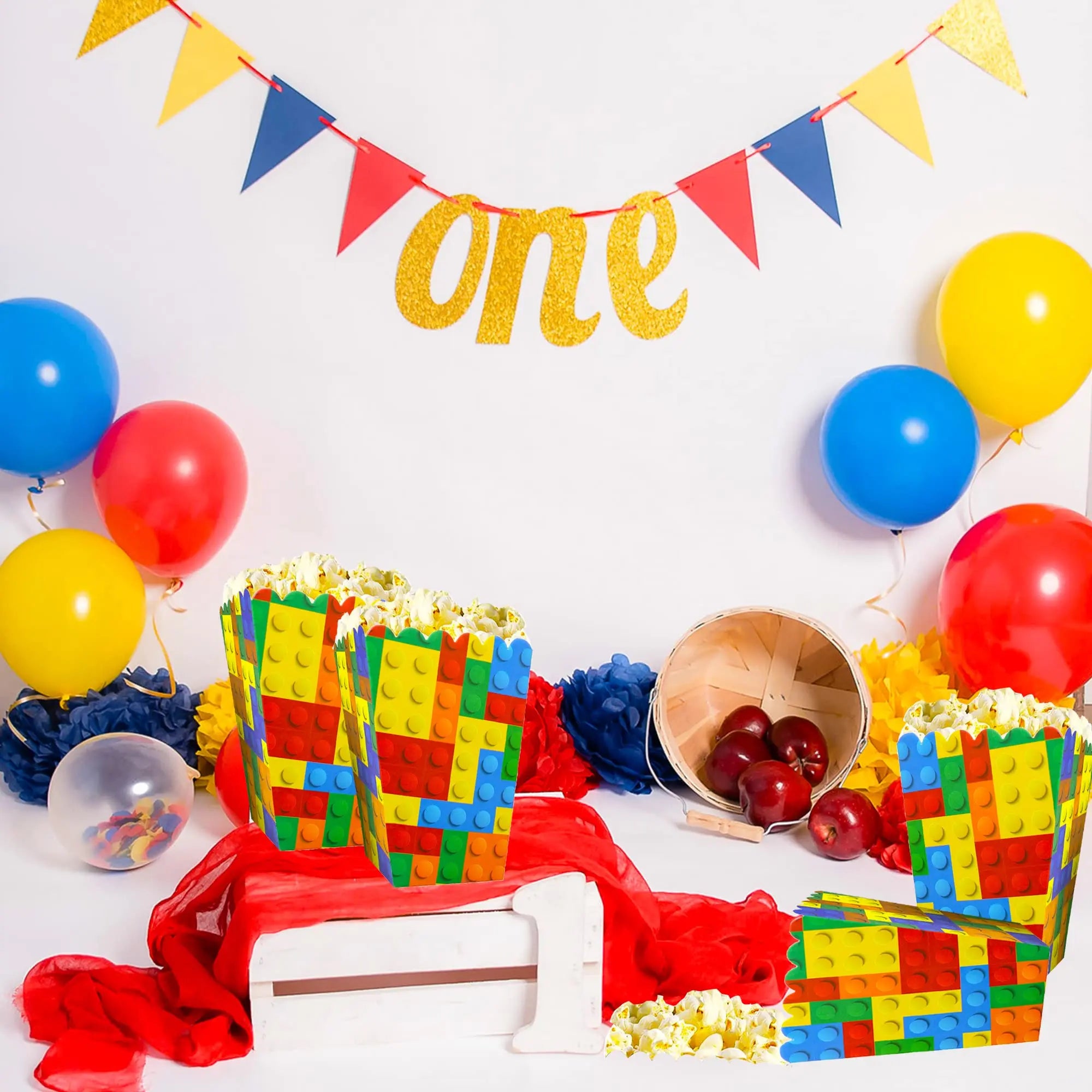 Popcorn Boxen Baustein-Design – Süßigkeiten & Candy Box für Kindergeburtstag | 6, 12 oder 18 Stück