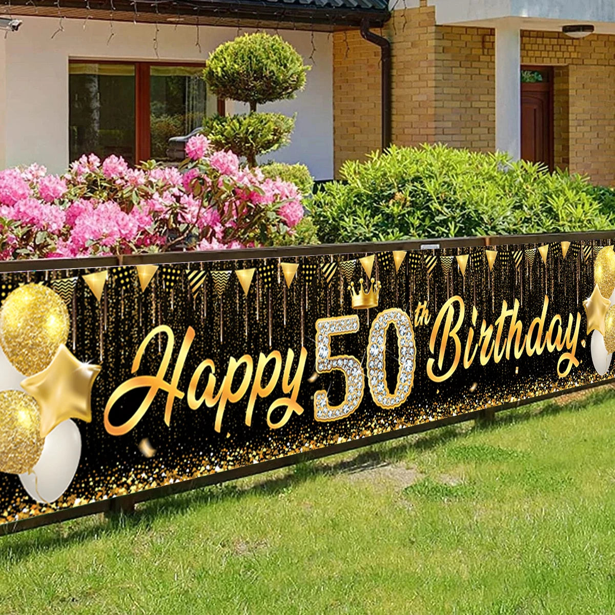 Black Gold Happy Birthday Banner Balloon Flag Adult 30th 40th 50th 60th Birthday Party Decoration Supplies Bunting Anniversary