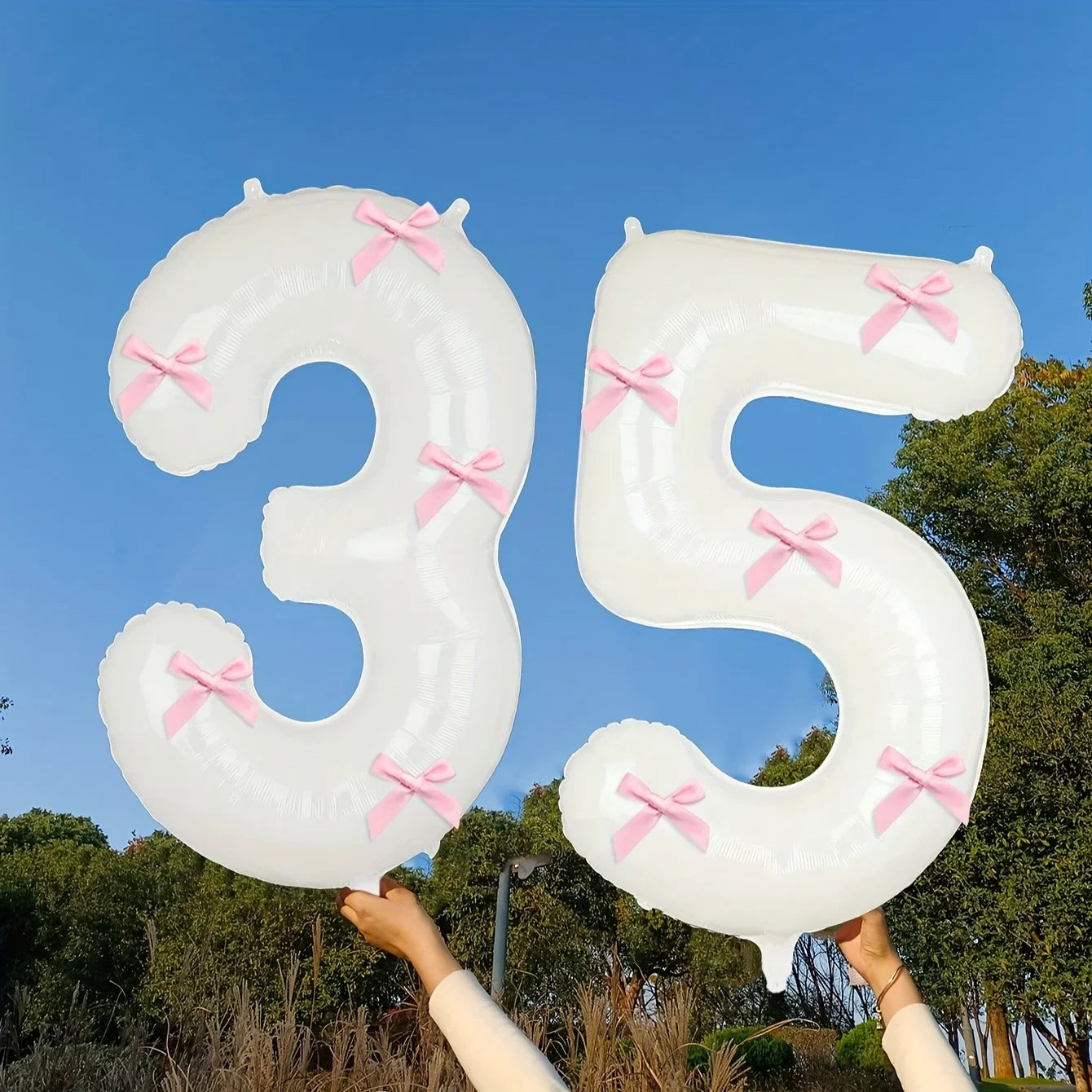 2 40inch Balloons with Pink Bow Decorations in White, Suitable for Birthday Parties, Anniversaries, Weddings, Proposals, New Year Decorations, Pink Bow Foil Numbers for Ages 0-9