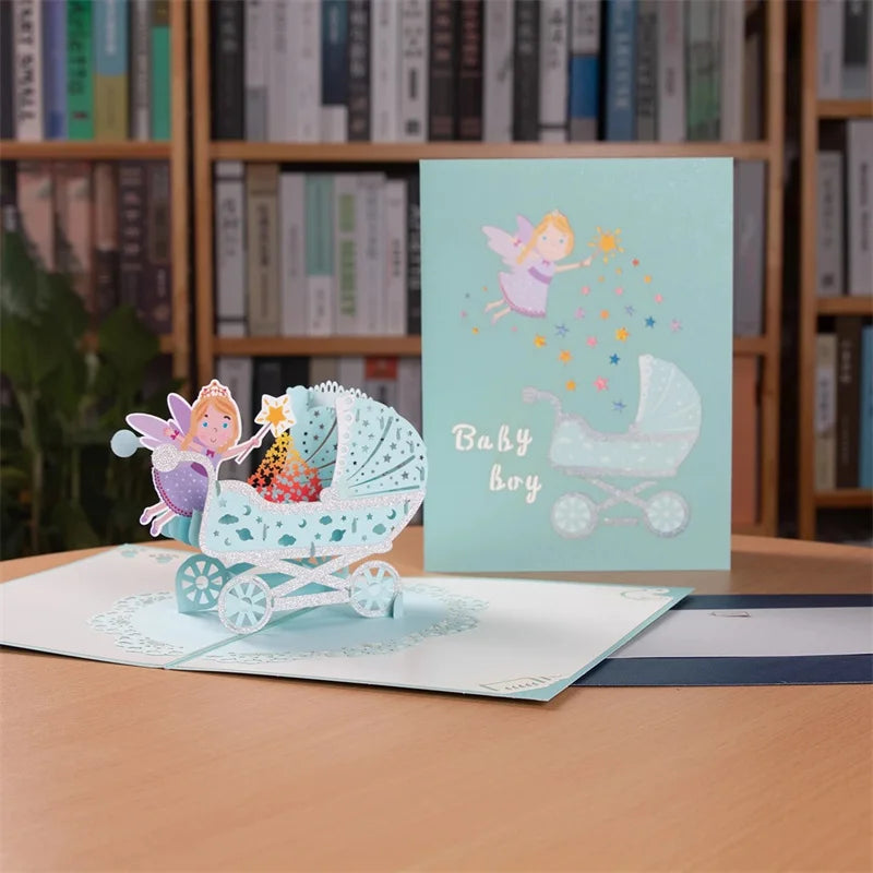 1st First Birthday Gift Card for Newborn 3D Baby Carriage  Little Fairy Greeting Cards for Baby Shower Invitation Pink Blue